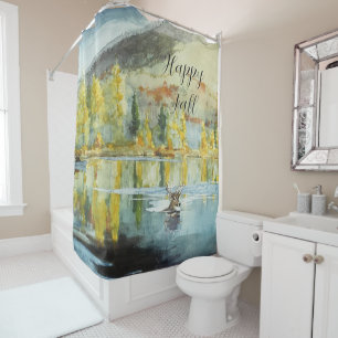 Fall trees and swimming elk with customisable text shower curtain