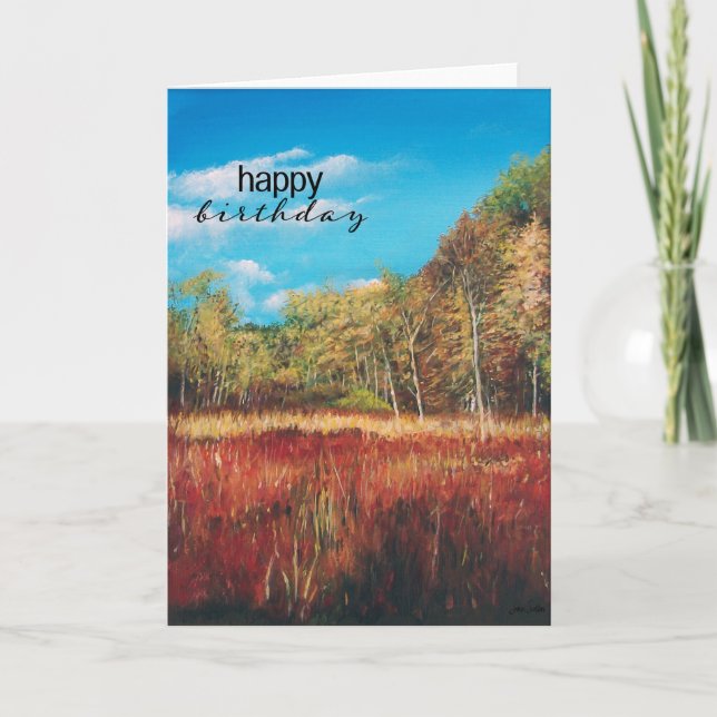 Fall Trees Blue Sky Art Happy Birthday Card (Front)