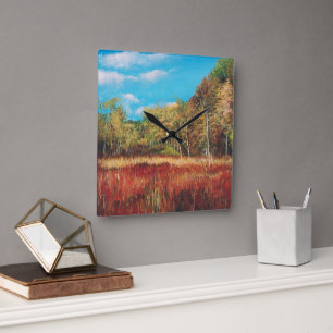 Fall Trees Blue Sky Art Square Wall Clock