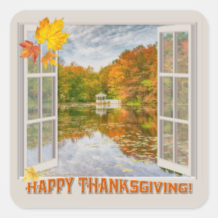 Fall trees, lake, open window Thanksgiving Day Square Sticker