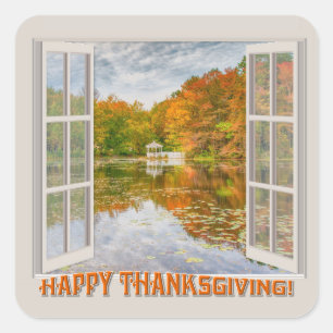 Fall trees, lake, open window Thanksgiving Day Square Sticker