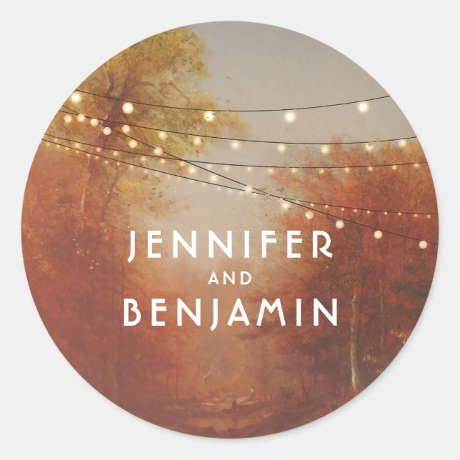 Fall Trees Park and String Lights Rustic Classic Round Sticker (Front)