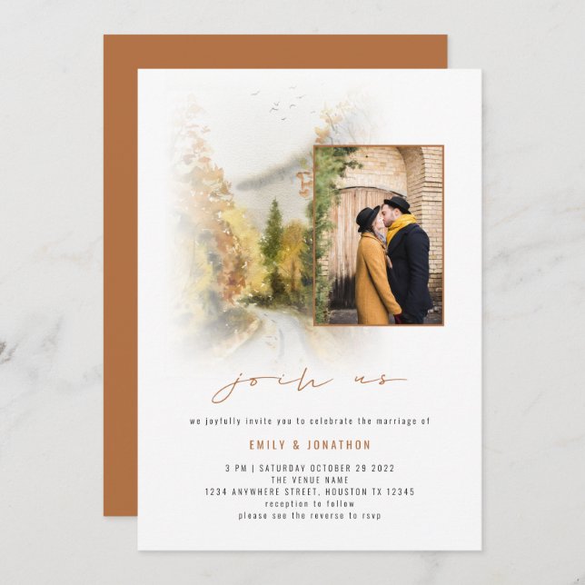 Fall Trees Photo QR Join Us Terracotta Wedding Invitation (Front/Back)
