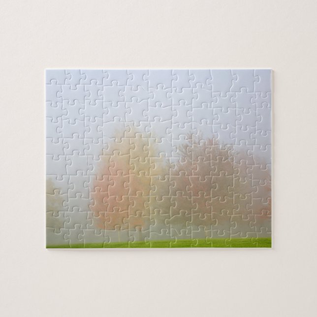 Fall trees shrouded in mist jigsaw puzzle (Horizontal)