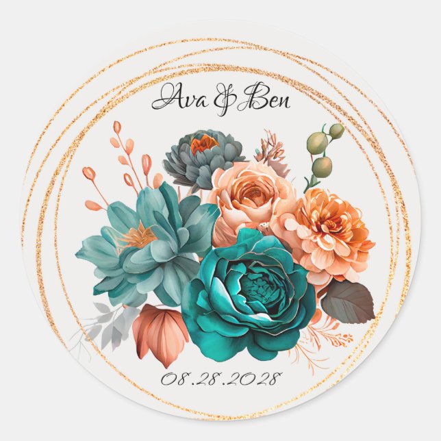 Fall Turquoise and Terracotta Peony Gold Wedding Classic Round Sticker (Front)