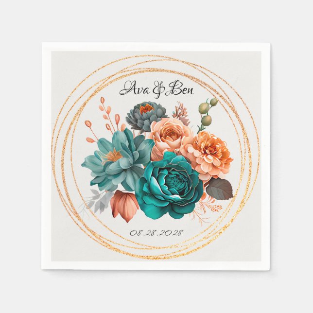 Fall Turquoise and Terracotta Peony Gold Wedding Napkin (Front)