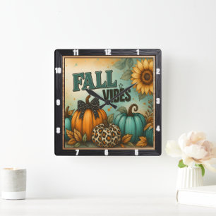 Fall Vibes Autumn Plaid Pumpkins Square Wall Clock