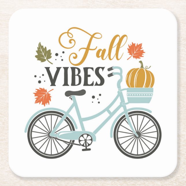 Fall Vibes By Bicycle Square Paper Coaster (Front)