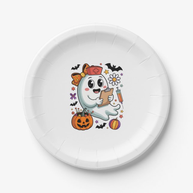 Fall Vibes Ghost Nurse Autumn Paper Plate (Front)