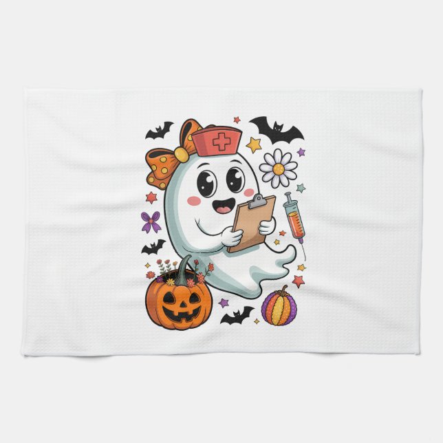 Fall Vibes Ghost Nurse Autumn Tea Towel (Horizontal)