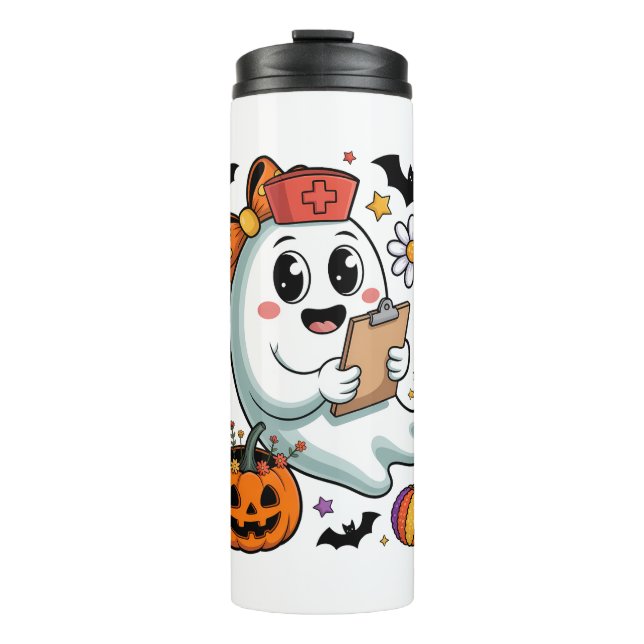 Fall Vibes Ghost Nurse Autumn Thermal Tumbler (Front)