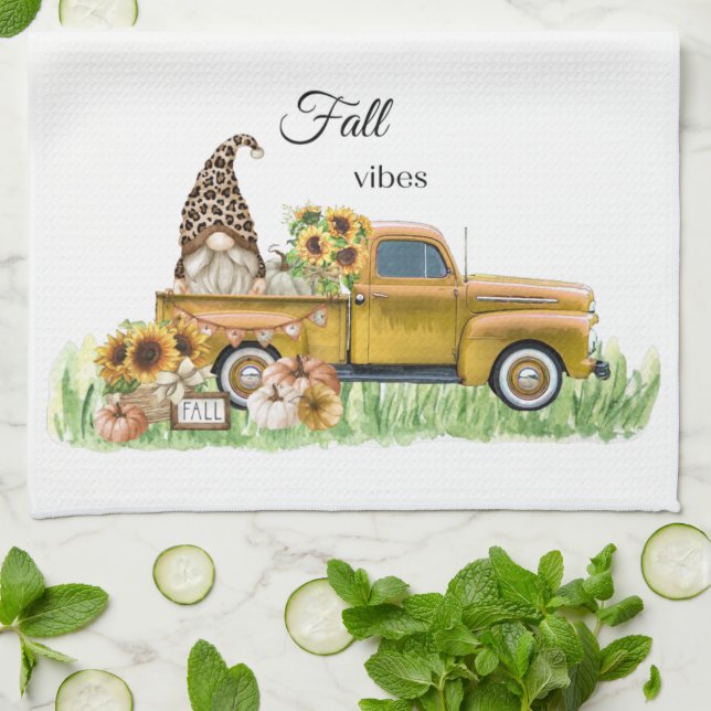 Fall Vibes Leopard Gnome Sunflower Yellow Pickup Tea Towel (Folded)
