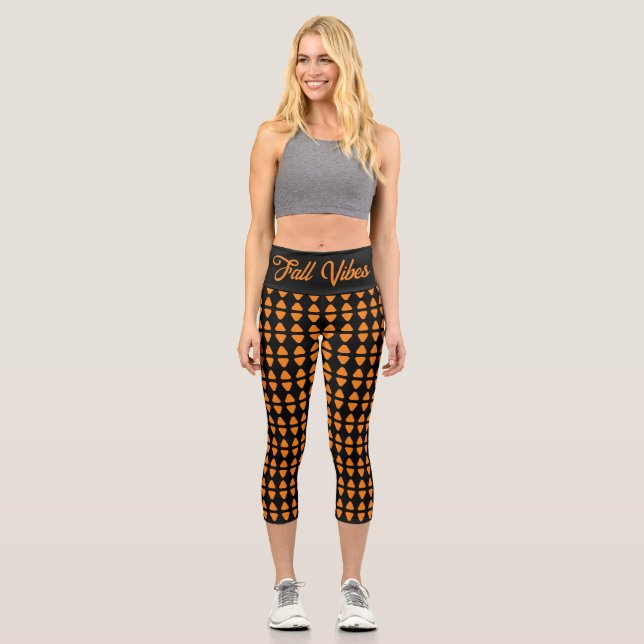 fall vibes, orange black geometric pattern capri leggings (Front)