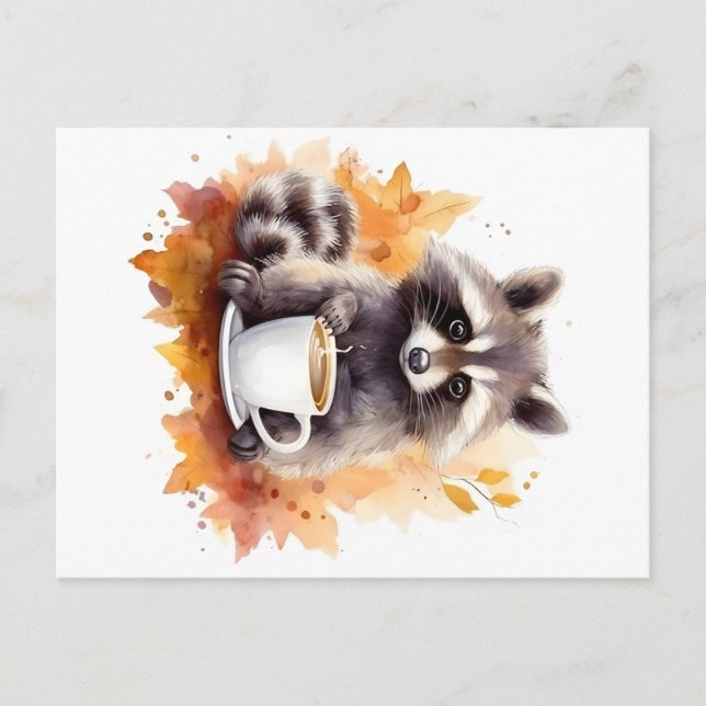 Fall vibes Racoon with cup of coffee Postcard (Front)