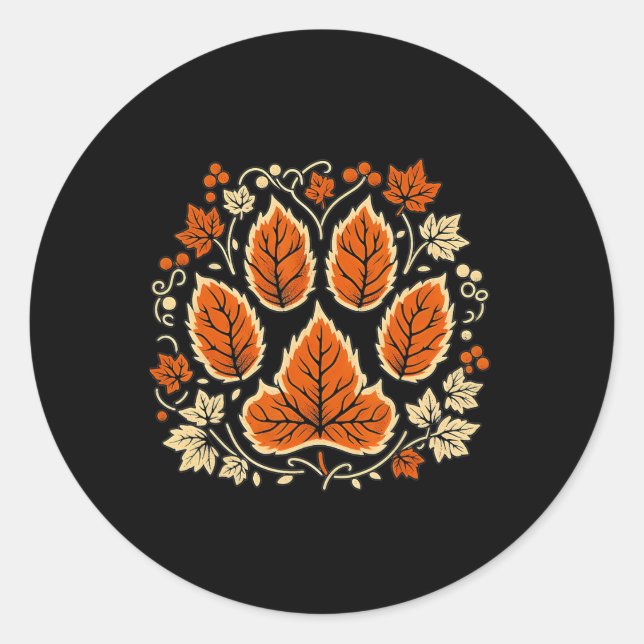 Fall Vine Leaf Dog Paw Print Autumn Maple Leaf Tha Classic Round Sticker (Front)
