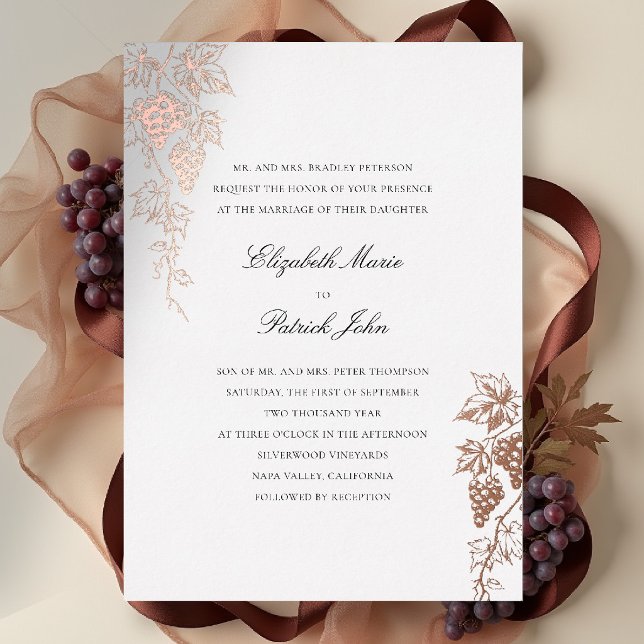 Fall Vineyard Winery Modern Classic Pearl Wedding (fall vineyard wedding invitation winery grapevine formal modern classic black tie foil white)