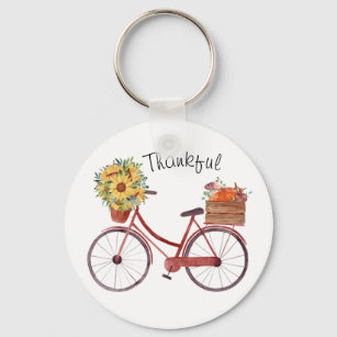 Fall. Vintage Bicycle with Pumpkins, Sunflowers   Key Ring
