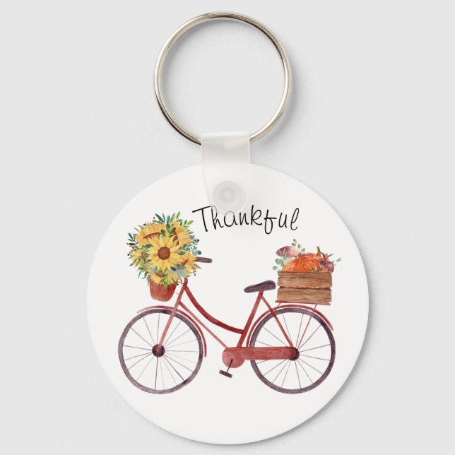 Fall. Vintage Bicycle with Pumpkins, Sunflowers   Key Ring (Front)