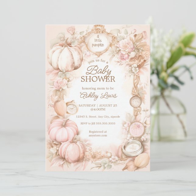 Fall vintage pumpkin baby shower invitation (Standing Front)