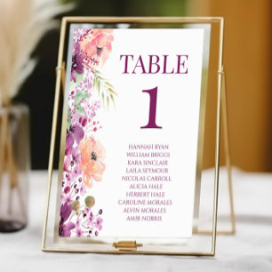 Fall Violet Magenta Purple Floral Flower Wedding Table Number