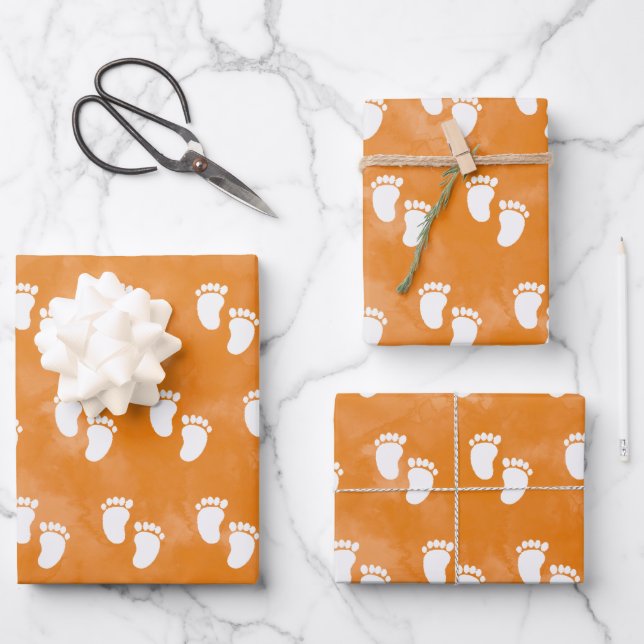 Fall Watercolor Baby Shower Footprint Pattern Wrapping Paper Sheet (Front)