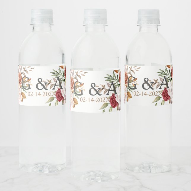 Fall Watercolor Botanical Monogram Date Water Bottle Label (Bottles)
