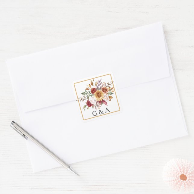 Fall Watercolor Botanical Monogram Square Sticker (Envelope)