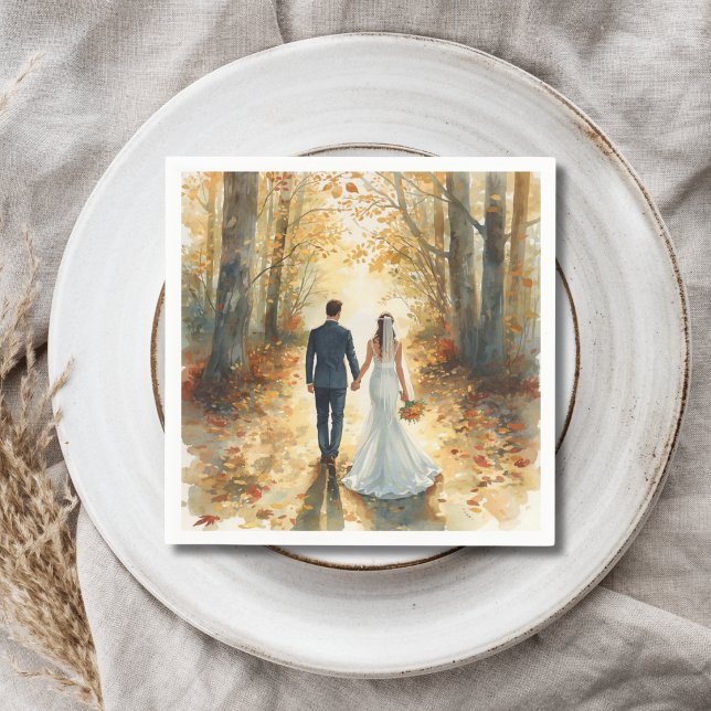 Fall Watercolor Bride & Groom Painted Wedding  Napkin (Creator Uploaded)