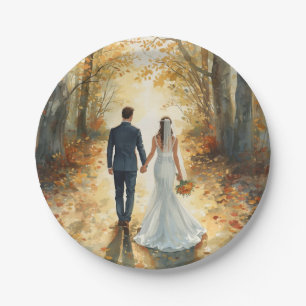 Fall Watercolor Bride & Groom Painted Wedding  Paper Plate