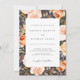 Fall Watercolor Burnt Orange Grey Floral Wedding Invitation
