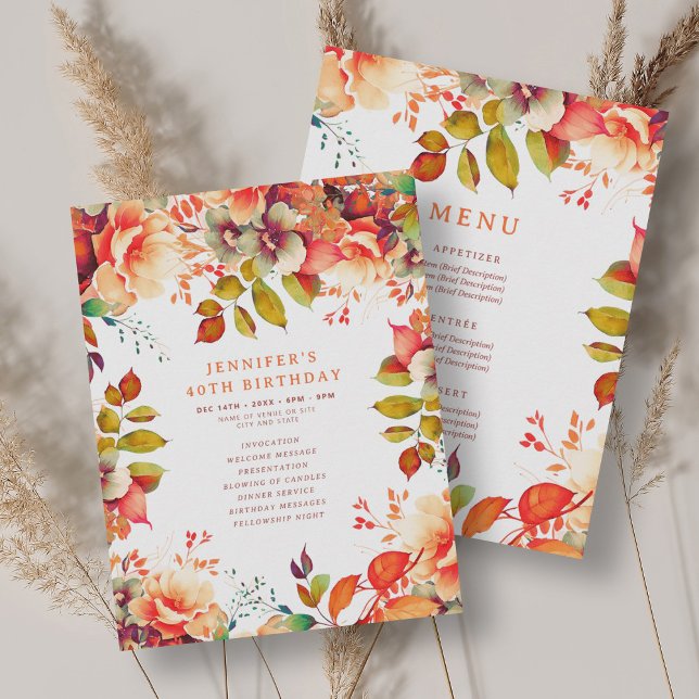 Fall Watercolor Floral 40 Birthday Program Menu (Fall Watercolor Floral 40 Birthday Program Menu)