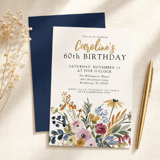 Fall Watercolor Floral 60th Birthday Elegant Invitation
