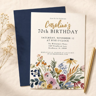 Fall Watercolor Floral 70th Birthday Elegant Invitation