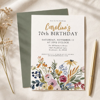 Fall Watercolor Floral 70th Birthday Elegant Invitation