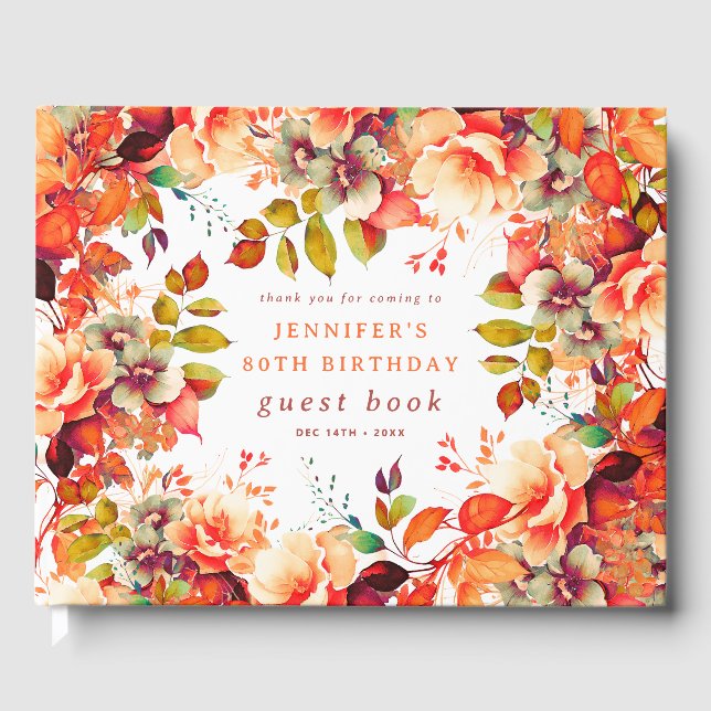 Fall Watercolor Floral 80th Birthday Guest Book (Front)