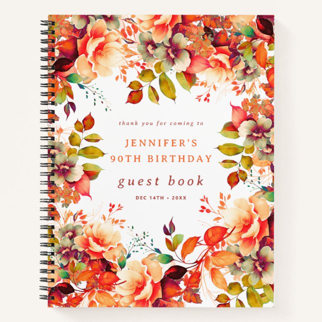 Fall Watercolor Floral 90th Birthday Guest Book (Front)