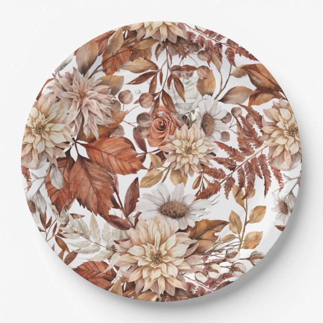 Fall Watercolor Floral  Baby Shower Paper Plate (Front)