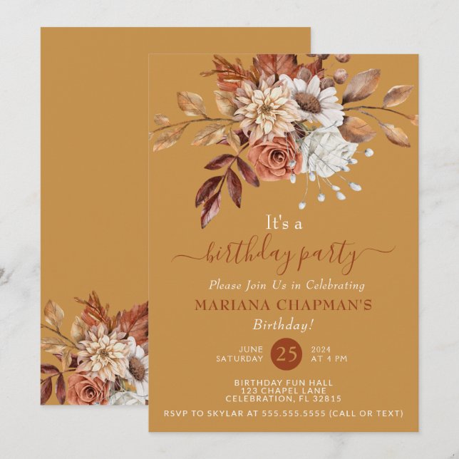 Fall Watercolor Floral Gold Birthday Party Invitation (Front/Back)