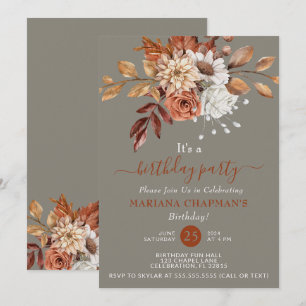 Fall Watercolor Floral Grey Birthday Party Invitation
