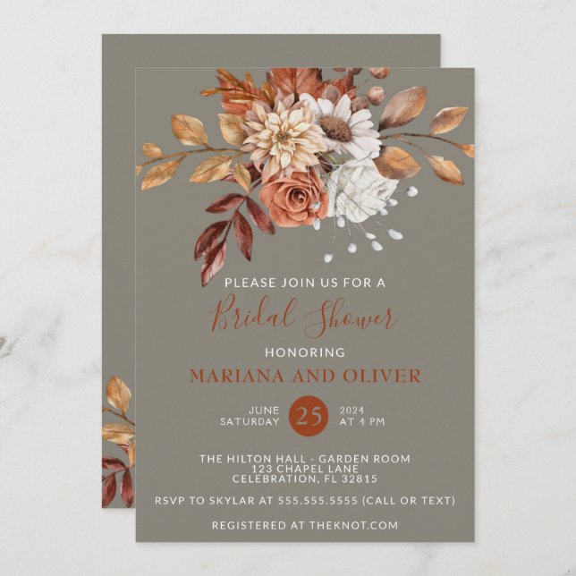Fall Watercolor Floral Grey Bridal Shower Invitation (Front/Back)