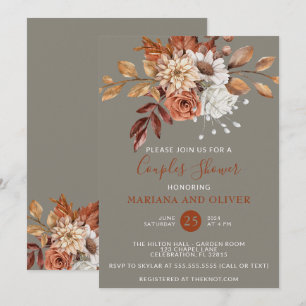 Fall Watercolor Floral Grey Couples Shower Invitation