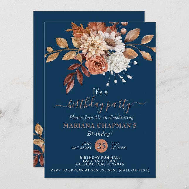 Fall Watercolor Floral Navy Blue Birthday Party Invitation (Front/Back)