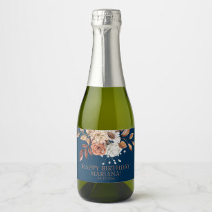 Fall Watercolor Floral Navy Blue Birthday Party Sparkling Wine Label