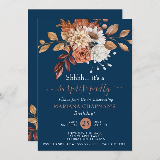 Fall Watercolor Floral Navy Blue Surprise Party Invitation (Front/Back)
