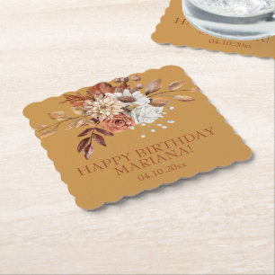 Fall Watercolor Floral on Gold Birthday Party Paper Coaster