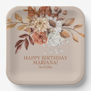 Fall Watercolor Floral on Taupe Birthday Party Paper Plate