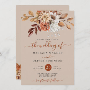Fall Watercolor Floral on Taupe Wedding Invitation