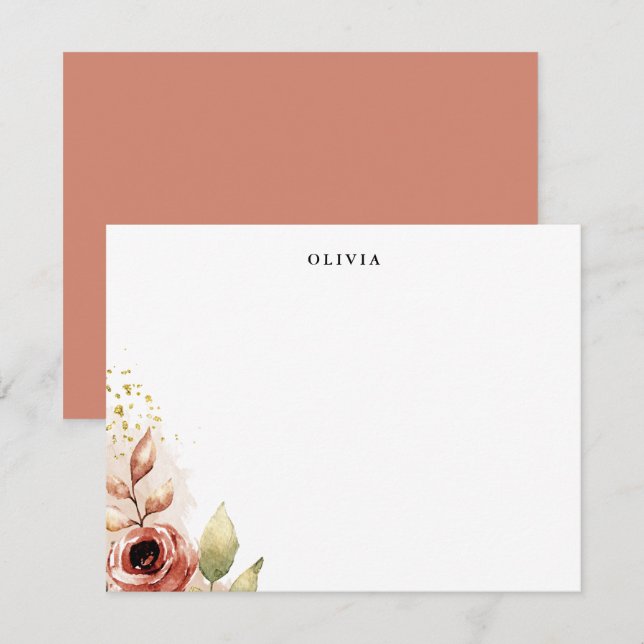 Fall Watercolor Floral Personalised Flat Note Card (Front/Back)