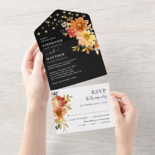 Fall Watercolor Floral String Lights Wedding All In One Invitation