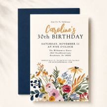 Fall Watercolor Floral Stylish 30th Birthday
